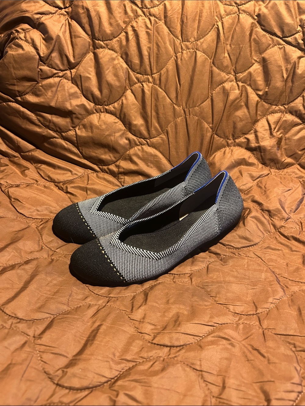 Rothy's Black and Gray Knit Ballet Flats with Blue Trim